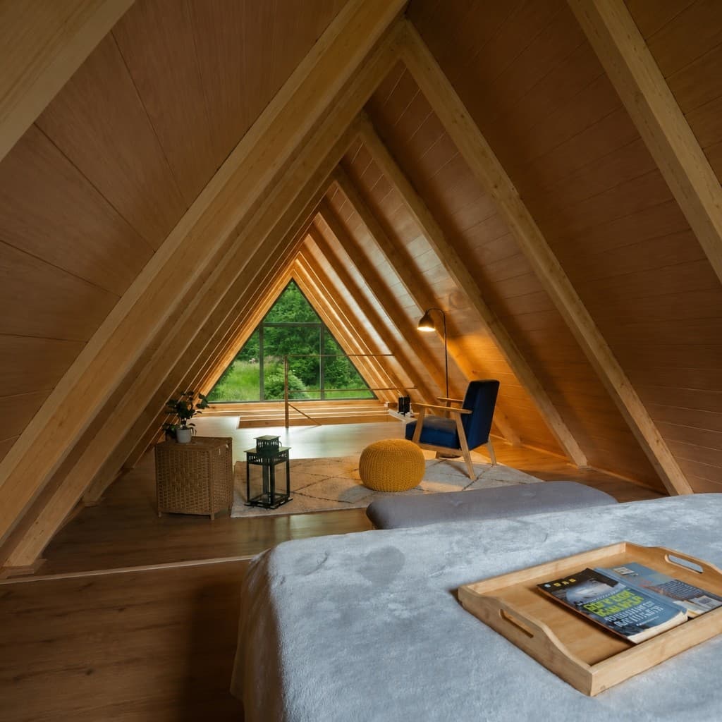 View from the loft bed toward the sitting area and triangular forest window